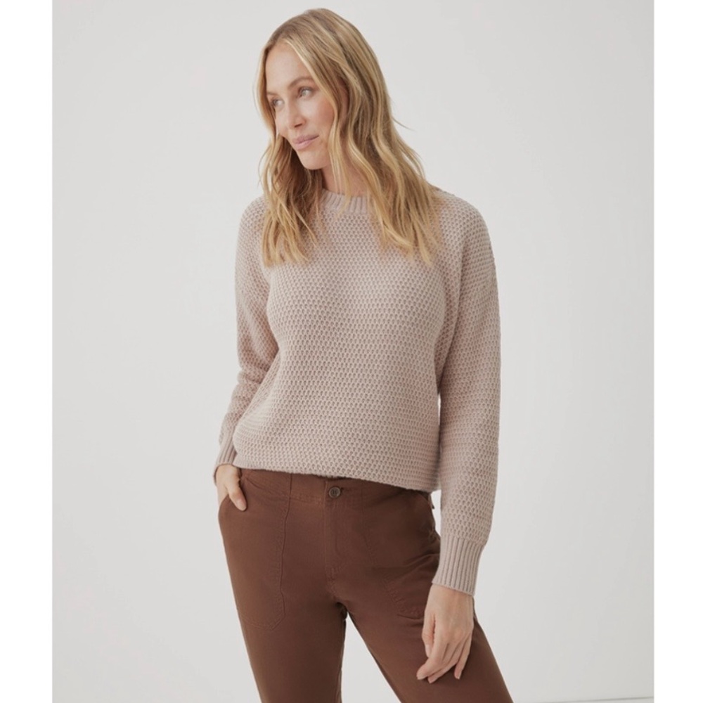 PACT Women's Honeycomb Knit Crew Sweater, Oat, Beige, XS, 100% organic cotton